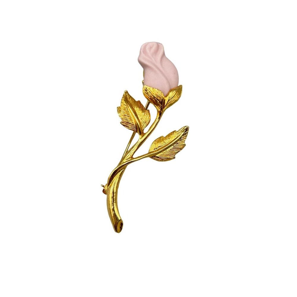 Avon Vintage Rose Brooch Gold Tone Pink Ceramic Flower Vintage Brooch Pin